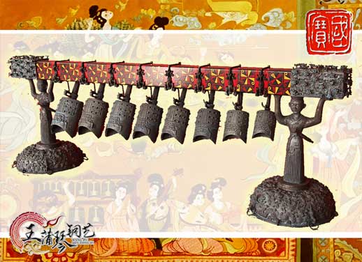 8件古編鐘，銅人銅座裝飾，可發(fā)音